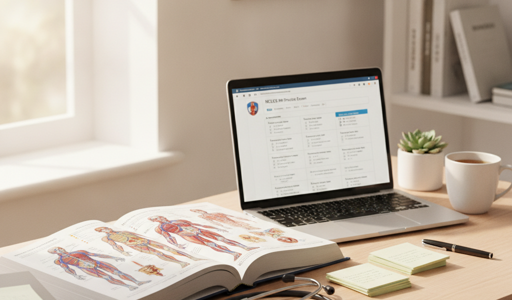 Nursing student preparing for the ATI TEAS exam with anatomy textbook, stethoscope, and online practice test.