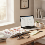 Nursing student preparing for the ATI TEAS exam with anatomy textbook, stethoscope, and online practice test.