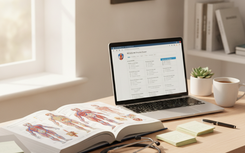 Nursing student preparing for the ATI TEAS exam with anatomy textbook, stethoscope, and online practice test.