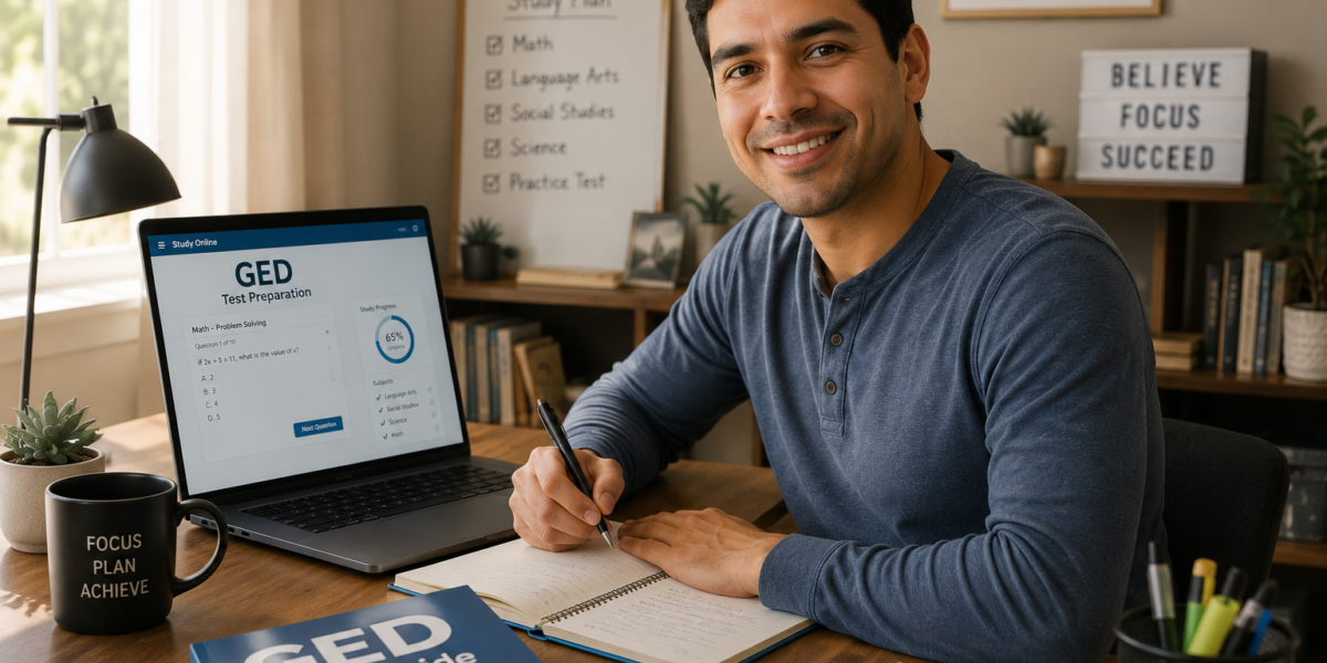 Adult student studying for the GED test online at a home desk with laptop and notes.