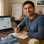 Adult student studying for the GED test online at a home desk with laptop and notes.