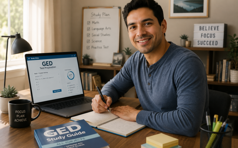 Adult student studying for the GED test online at a home desk with laptop and notes.