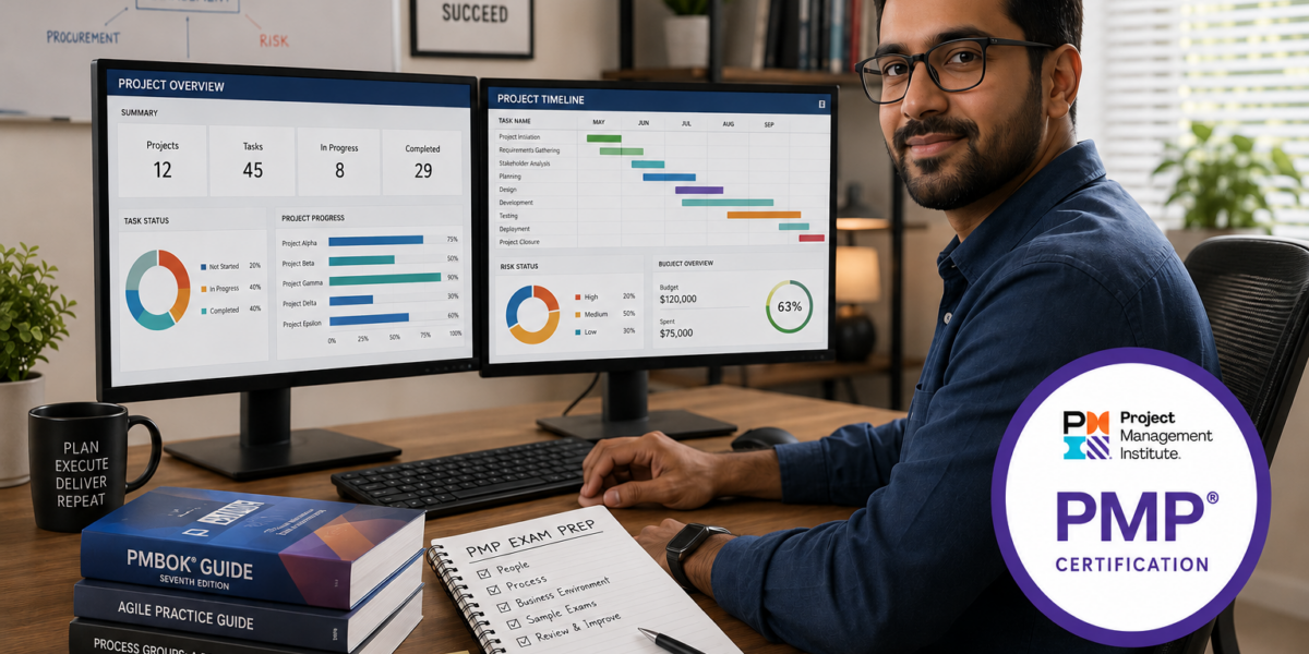 Project manager preparing for the PMP certification exam using dual monitors with project dashboards.