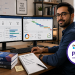Project manager preparing for the PMP certification exam using dual monitors with project dashboards.
