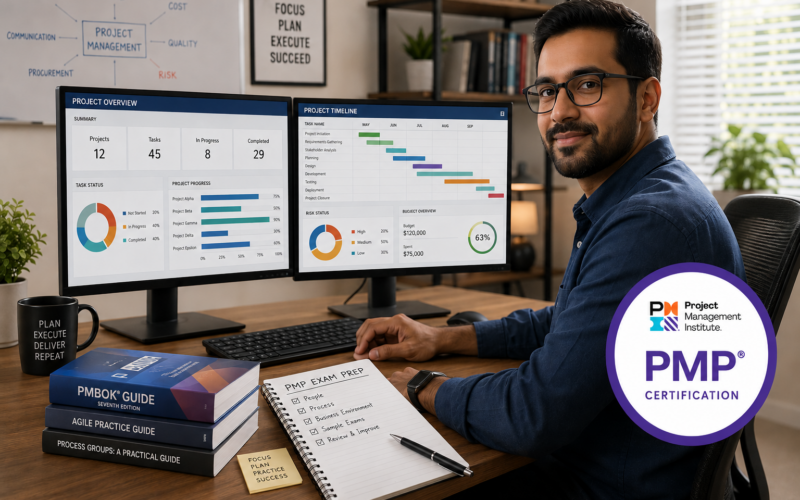 Project manager preparing for the PMP certification exam using dual monitors with project dashboards.