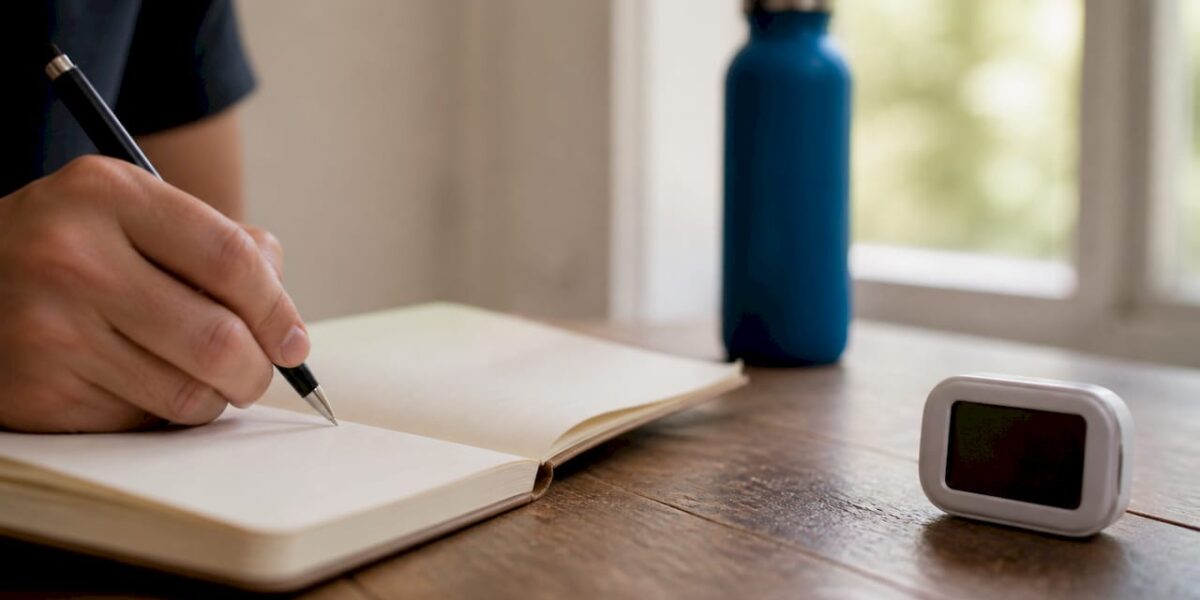 Hand writing GED essay draft with timer nearby