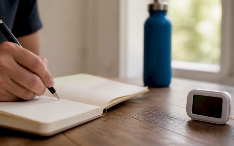 Hand writing GED essay draft with timer nearby