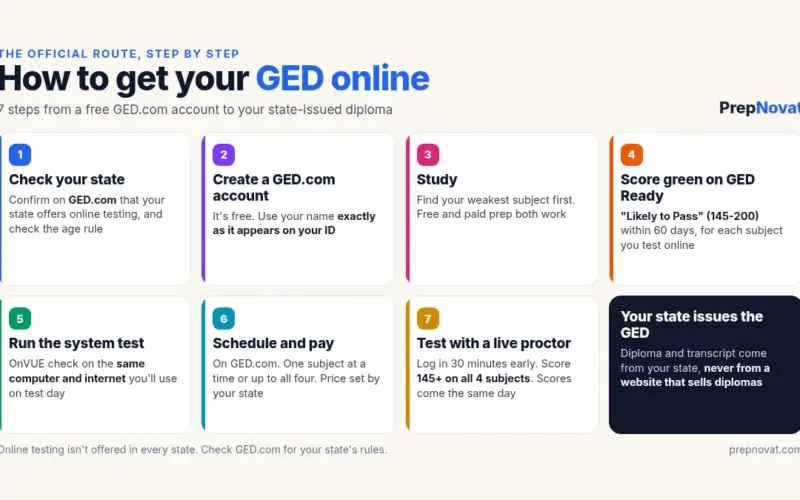 Infographic of the 7 steps to get your GED online: check your state, create a GED.com account, study, score green on GED Ready, run the system test, schedule and pay, and test with a live proctor