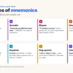 Infographic of the 8 types of mnemonics with exam examples: acronym (ADPIE), acrostic (PEMDAS), rhyme, chunking, memory palace, keyword, peg system and visual imagery