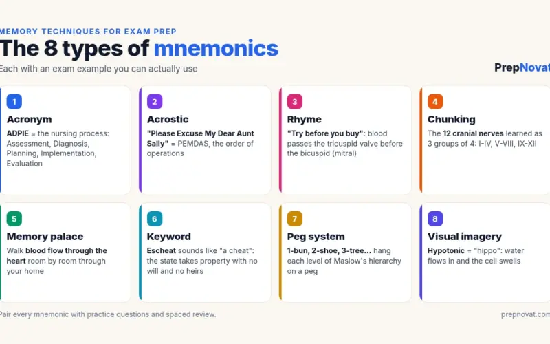 Infographic of the 8 types of mnemonics with exam examples: acronym (ADPIE), acrostic (PEMDAS), rhyme, chunking, memory palace, keyword, peg system and visual imagery