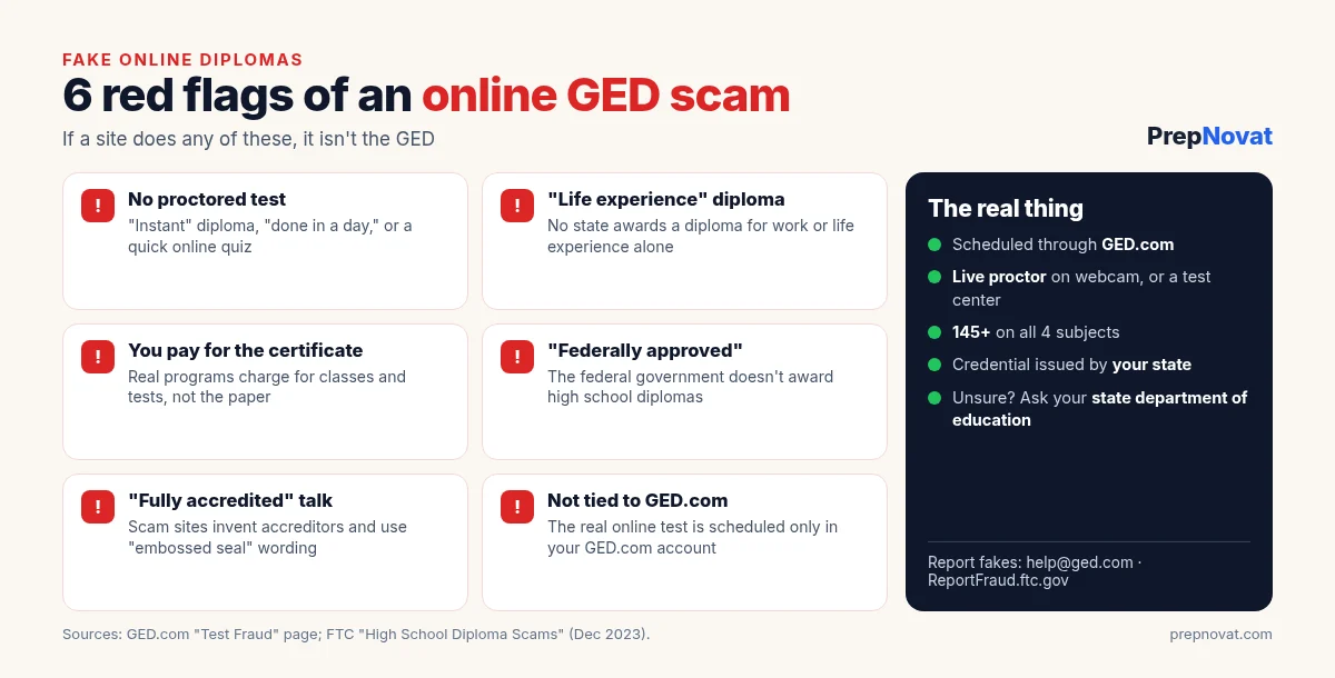 Six red flags of an online GED diploma scam: no proctored test, a life experience diploma, paying for the certificate, claims of federal approval, fully accredited wording, and no link to GED.com